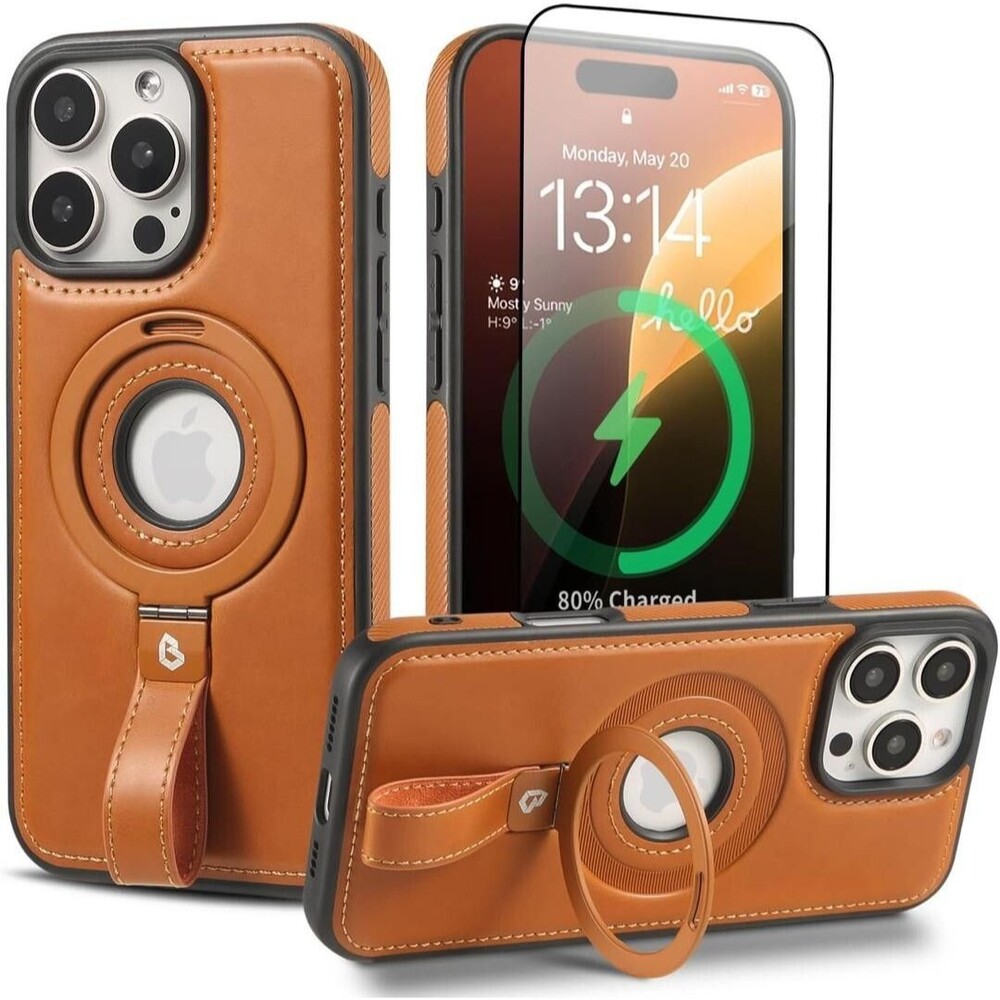 Magnetic Protective Ring Grip Holder for iPhone 16 Pro Case | Brown Leather